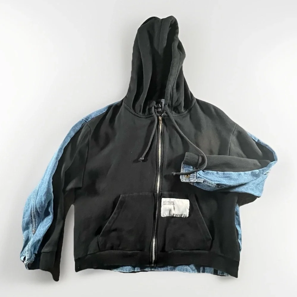 ZARA‎ Denim Hoodie Women S Blue Black Women in Art Graphic Hybrid Jacket SS19